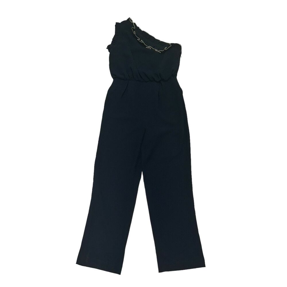 Monique Lhuillier Ruffle One Shoulder Jumpsuit Women's 2P Navy Pockets Side Zip